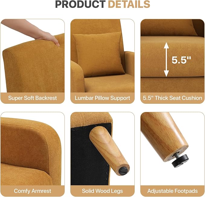 Magshion Mid-Century Accent Chair for Living Room Comfy Reading Chair for Bedroom Upholstered Linen Fabric Armchair Single Sofa with Back Pillow &amp Wood Legs 300 lbs Capacity Yellow