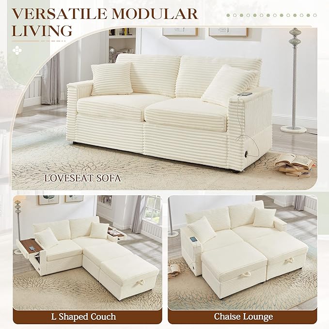 68 Cloud Loveseat with Ottoman Set USB Ports &amp Storage Wooden Side Table Comfy Plush Corduroy Upholstered Love Seat Modern Oversized Deep Seated Grey Sectional for Living Room Beige