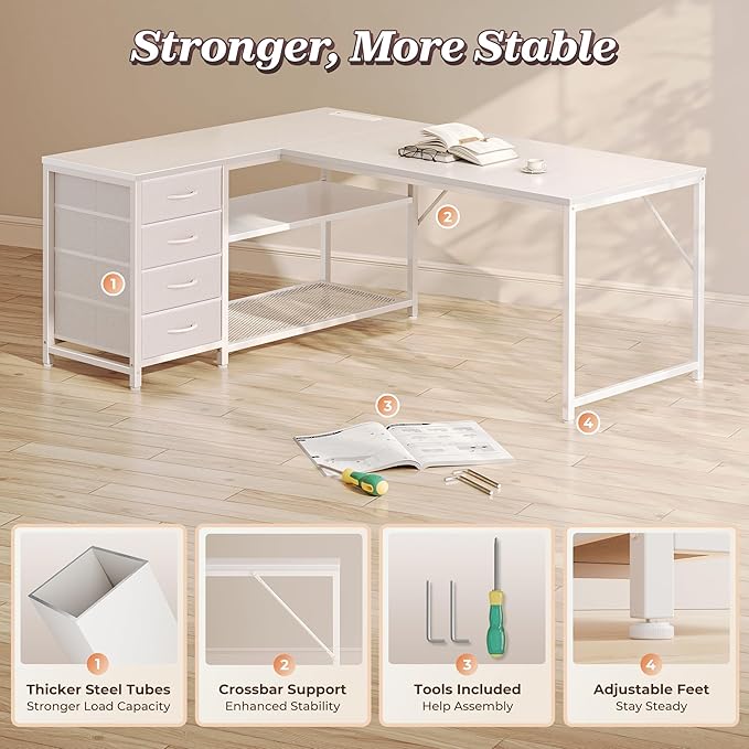 PRAISUN 53 L Shaped Desk with Power Outlets and USB-C Port Reversible Computer Corner Office Desk with 4 Fabric Drawers and 2 Height-Adjustable Shelves Large for Gaming Writing Work Study White
