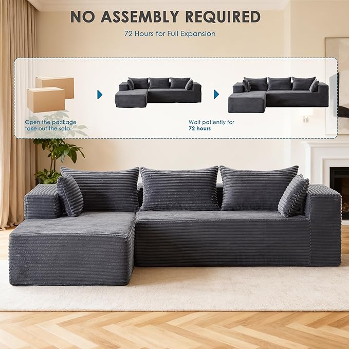 107 Cloud Couch Modular Sectional L Shaped Couch with Chaise Deep Seat Sofa Fluffy Corduroy Couches Boneless Couch for Living Room Gray Left Facing Chaise