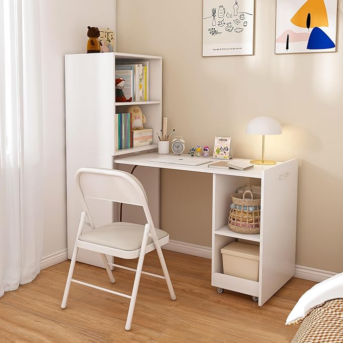 49.6 Foldable Desk with Storage Shelves Fold Out Convertible Hidden Murphy Computer Desk Multi-Function Folding Writing Table for Small Spaces Apartment (White)