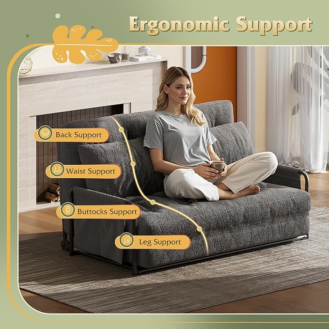 WLIVE Futon Sofa Bed Floor Chair with Adjustable Backrest Bean Bag Bed for Adults with Armrest Pillow Low Profile for Living Room Reading Bedroom Loveseat Grey