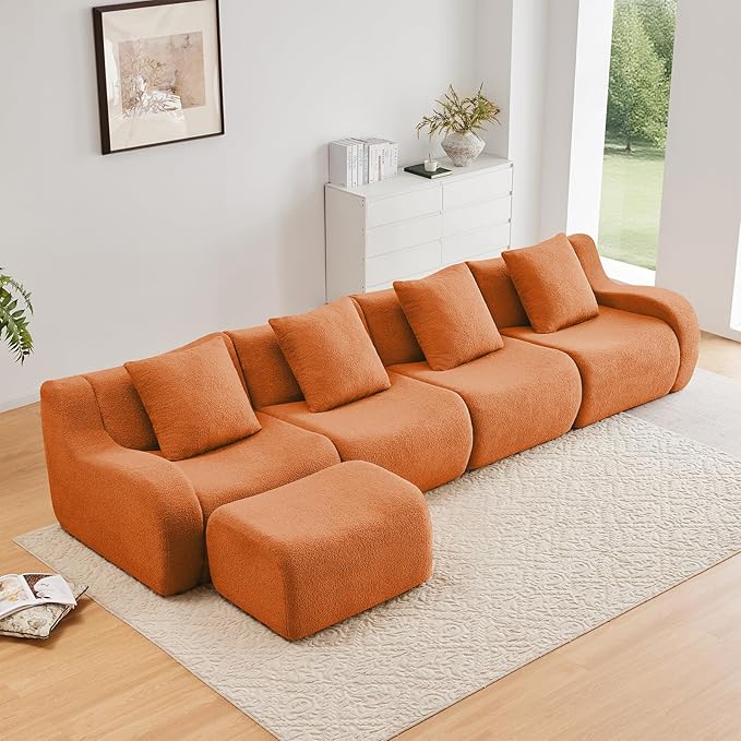 Orange L-Shaped Cloud Couch with 1 Ottoman Modern Teddy Fabric Boneless Sectional Sofa in a Box Modular Floor Sofa for Living Room Deep Seat No Assembly Required Sofas para Sala