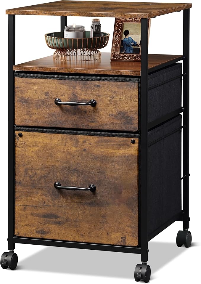 DEVAISE 2 Drawer Mobile File Cabinet Rolling Printer Stand with Open Storage Shelf Fabric Vertical Filing Cabinet fits A4 or Letter Size for Home Office Rustic Brown Wood Grain Print