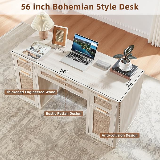 LEYAOYAO Office Desk 56 with 5 Drawers Storage File Cabinet Rattan Wood Desk for Computer Office Bedroom Home Furniture Light Gray