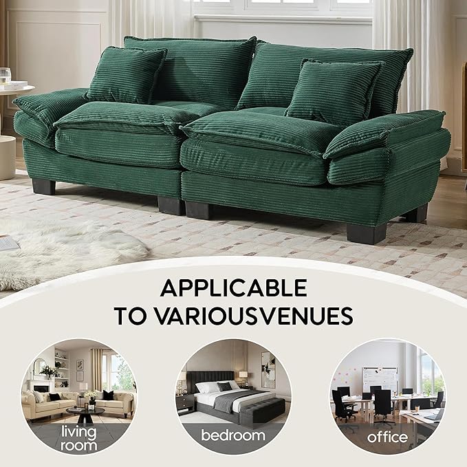 Modern 84 Corduroy Loveseat Sofa Ultra-Comfy Couch with 2 Pillows for Apartment Living Room Bedroom Home Office (Green)
