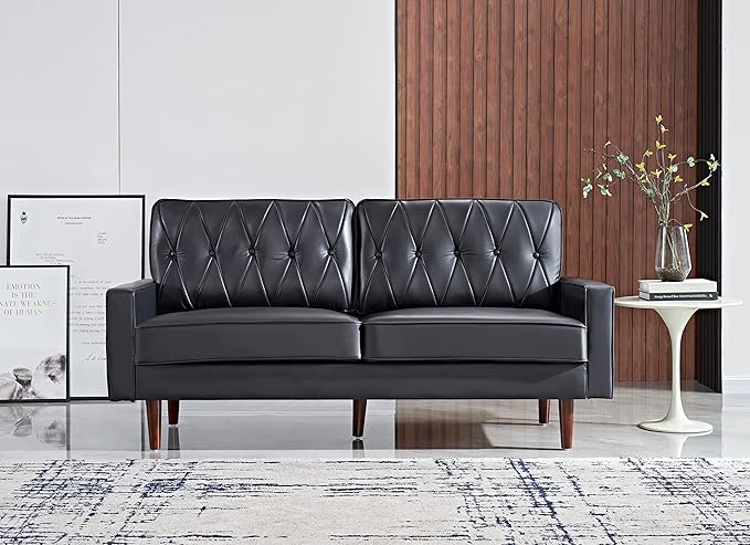 Container Furniture Modern Style Faux Leather Sofa with Elegant Round Tapered Legs and Button Tufted Backrest Perfect for Living Room Bedroom or Home Office 69.3’’ Wide Black