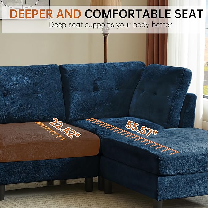 99 Sectional Couch for Living Room Oversized 3-Seater L Shape Sofa with Deap Wide Seat Movable Ottoman Polyester Fabric Blue