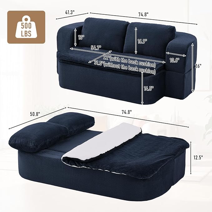 Convertible Folding Sofa Bed 75 Futon Floor Couch Modular Sleeper Loveseat Sectional Couches Boneless Cloud Plush Fluffy Fabric for Living Room Guest Room No Assembly Required Blue