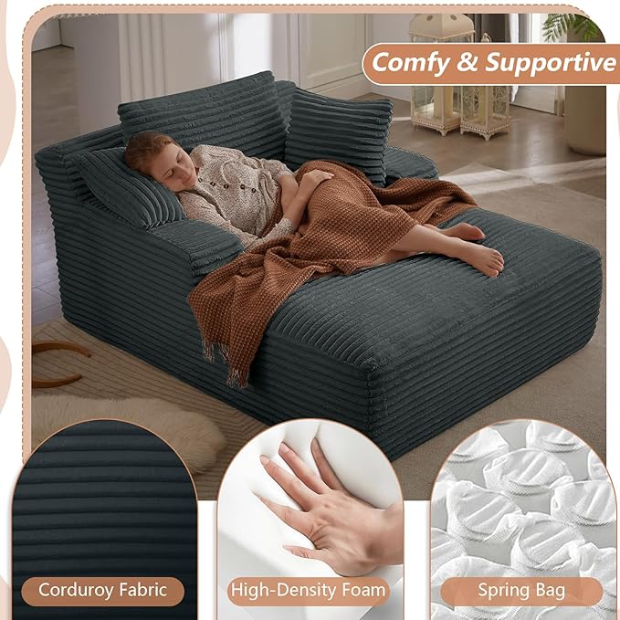 49.2 Oversized Chaise Lounge Chair Deep Seat Upholstered Cozy Cloud Couch Modern Corduroy Floor Sleeper Sofa Bed Reading Chair for Living Room Bedroom Apartment Office Indoor Dark Grey