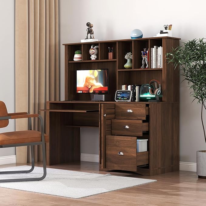 Computer Desk with Hutch and Drawers Gaming Home Office Desk with Storage Cabinet and Bookshelf Computer Workstations for Home Office Walnut (Style-01)
