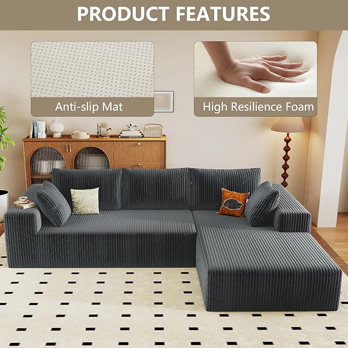 96 Cloud Sectional Couch with L-Shaped Chaise Modern Corduroy Sectionals Couches with Deep Seat Boneless Sofa 3 Seater for Living Room No Assembly Required (Dark Grey Right Facing Chaise)