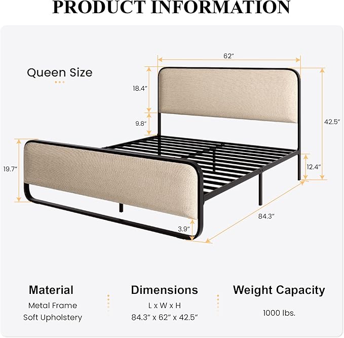 SHA CERLIN Queen Size Platform Metal Bed Frame with Curved Upholstered Headboard and Footboard Large Under Bed Storage No Box Spring Needed Modern Beige