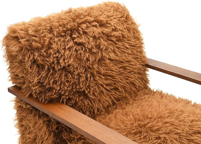 Comfortable Faux Fur Reading ChairModern Luxury Accent Chair Side Chairs with Curved Wooden Armrests for ApartmentLiving RoomOfficeStudyCamel+Brown