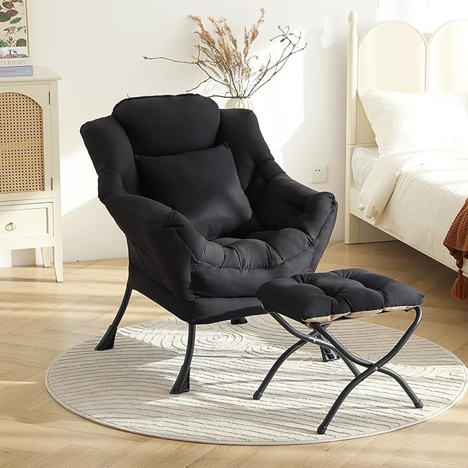 Lazy Chair with Ottoman Large Accent Chair with Ottoman and a Throw Pillow Black Reading Chair for Living Room Bedroom Dorm Room Office Apartment Relaxing Use