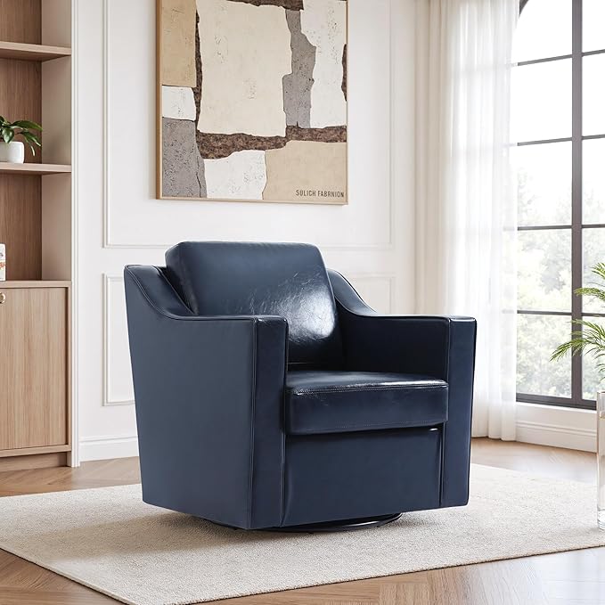 Swivel Accent Chair Modern Round Barrel Arm Chair for Living Room Bedroom Comfy Club Reading Chairs for Adults (Leather Navy Blue Set of 2)