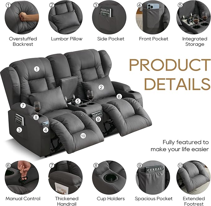 DRMBOOK RV Loveseat Recliner Sofa Double Wall Hugger Reclining Couches Manual Reclinable Movie Seating 2 Person Recliner for Travel Trailer (Leathaire Grey 2 Seater with Standard Console)
