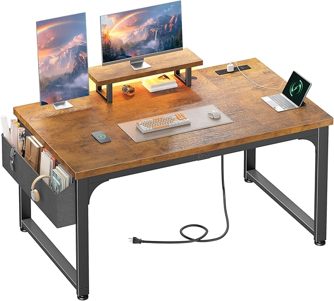 Computer Desk with 0.95 Inch Thicker Desktop &amp Monitor Stand &amp Storage Bag Office Desk with Power Outlets Gaming Desk with LED Light Writing Desk for Home Office Study Bedroom Brown