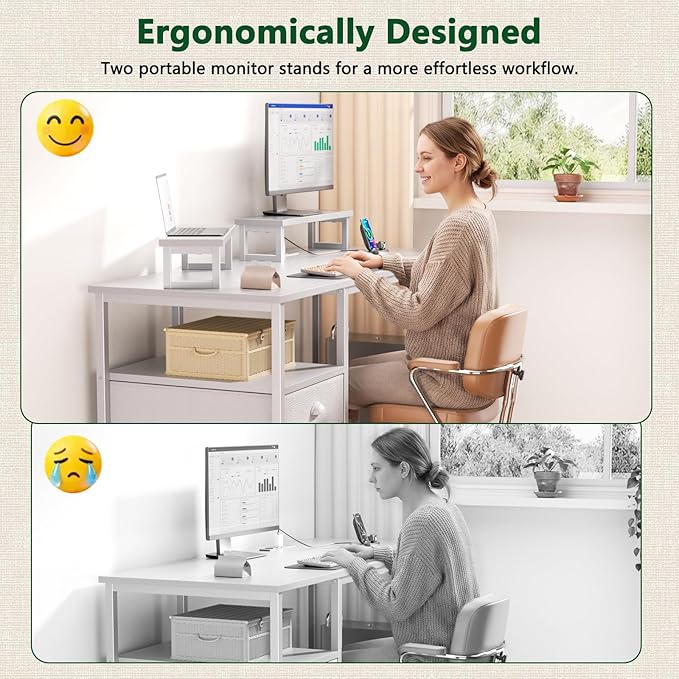 Furologee 47 Inch Computer Desk with Power Outlet Home Office Desk with Monitor Stand File Drawers Cabinet CPU Stand &amp Hooks Writing Table for Bedroom Study Work White
