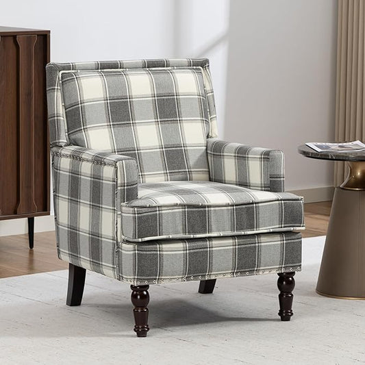 Yogald Vintage Plaid Accent Armchair Comfy Upholstered Reading Chair with Nail-Head Trim Farmhouse Sofa Chair Coastal Single Corner Chair for Living Room Bedroom Guest Room (Antique Grey)