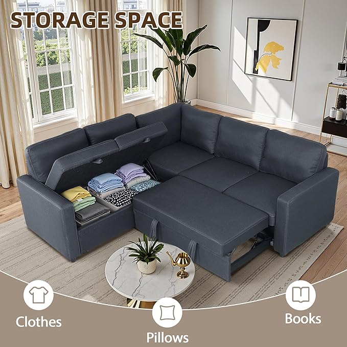 Sleeper Sofa Couch with Pull Out Bed L Shaped Couch Bed with Storage Sectional Sleep Couches Convertible Sleeper Sofa Beds W/Reversible Chaise&ampBack Cushion for Living Room Grey