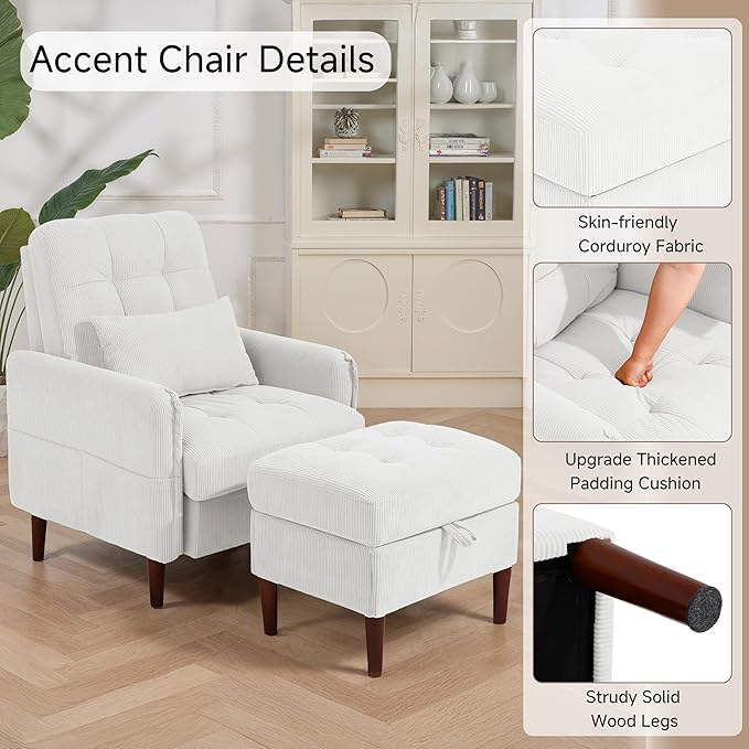 Lumibee Accent Chair with Storage Ottoman Upholstered Comfy Reading Chair with Adjustable Reclining Backrest Corduroy Fabric Lounge Chair Armchair for Living Room Bedroom White