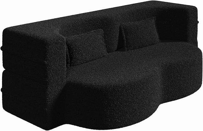 Modern Floor Sofa 78 Convertible Folding Sofa Bed with 2 Pillow Teddy Fabric Foam-Filled Mattress Sleeper for Living Room Guest Bed Playroom No Assembly Required Black