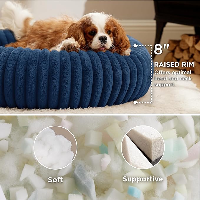 Bedsure ComfyFleece™ Donut Medium Dog Bed - Washable Faux Fur with Corduroy Fleece &amp Anti Slip Bottom Round Pet Beds with Removable Cover Night Blue 30x30x8 inches