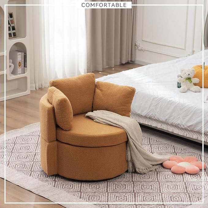 FOXHUNTER Swivel Barrel Chair 360 Degree Swivel Round Storage Chair with 3 Pillows Oversize Teddy Swivel Accent Chair Comfy Single Sofa Chair for Nursery Living Room Bedroom (Khaki)
