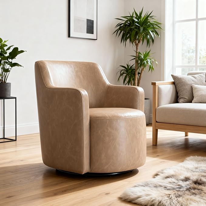 Homepop Home Décor Upholstered 360° Barrel Back Swivel Chair | Accent Chairs for Living Room &amp Bedroom | Decorative Home Furniture Sand Faux Leather