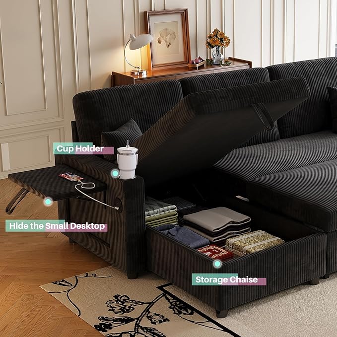 83 Sleeper Sectional Sofa Comfy Convertible Sofa Bed with Pull Out Couches Small Desktop Corduroy L Shaped Couch with Reversible Storage Chaise &amp USB for Living Room Apartment Black