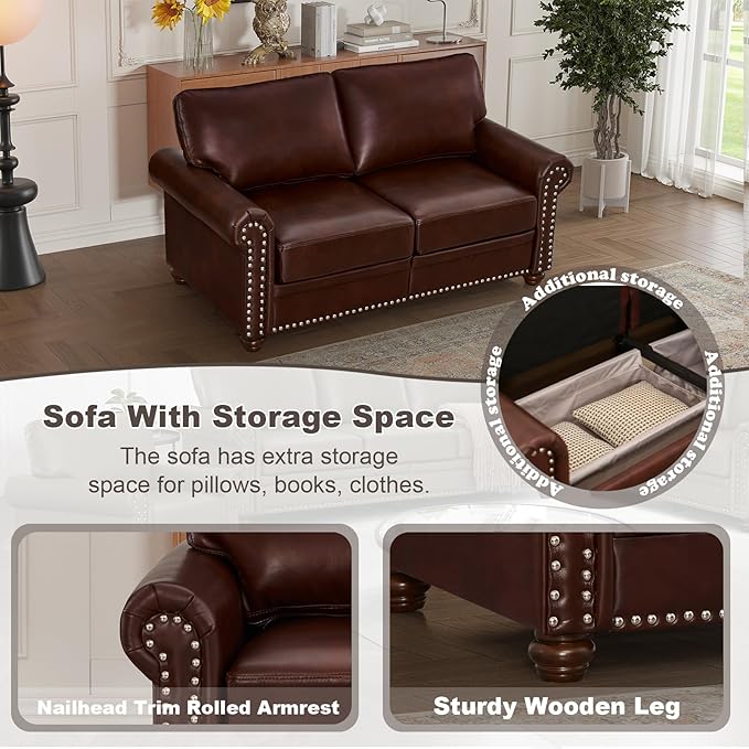2 Piece Faux Leather Sofa SetModern Chair and Loveseat Sets with StorageMid Century Couch with Rivet Rolled ArmComfy Deep Seat SofaFurniture for Living RoomOffice(Armchair+LoveseatBurgundy)