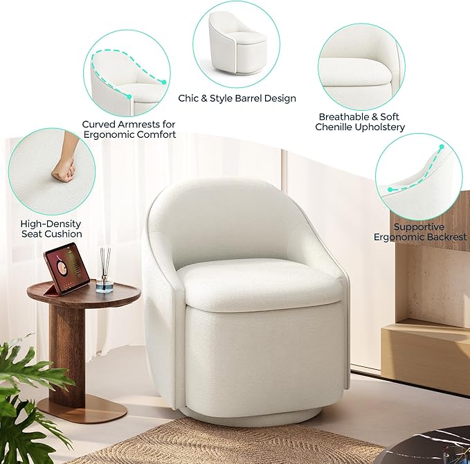LINSY Swivel Accent Chair with Storage Comfy Chenille Barrel Chairs Small 360 Swivel Modern Armchair for Living Room Bedroom Boucle Reading Chair for Study Room (Beige)
