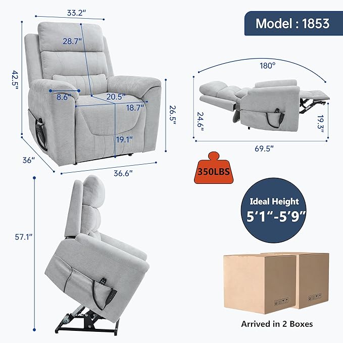 Power Lift Recliner Chair for Elderly People Dual Motor Lay Flat Recliner with Vibration Massage and Heat Heavy Duty Motion Mechanism Standing Assistance Reclining Chair Chenille Fabric Light Gray
