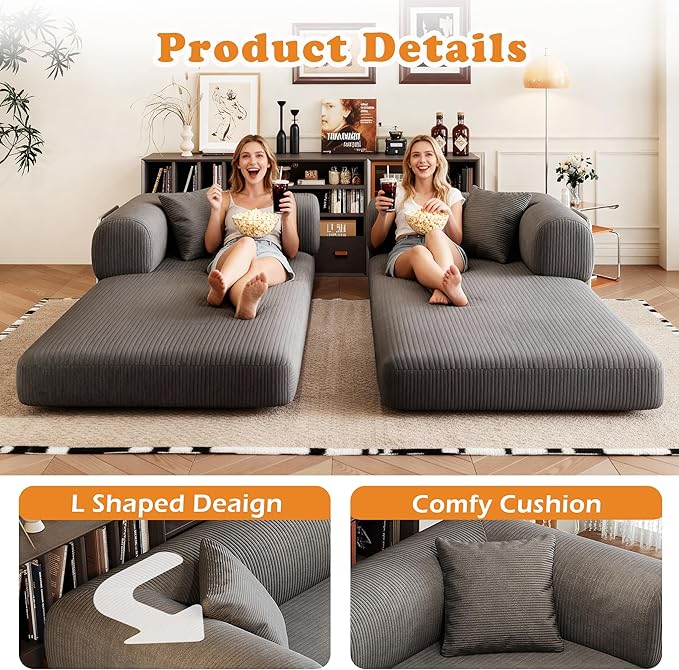 78.8 Modern Convertible Floor Sleeper Sofa Bed Corduroy Modular Boneless Couch with Silver Fixed-Shape Frame No Assembly Futon Cloud Loveseat with Pull-Out Bed for Living Room (Grey)