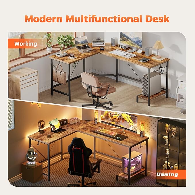 Mericonia 50 inch Large L Shaped Desk Simple Corner Gaming Desk with CPU Stand &amp Hooks Computer Desk for Home Bedroom &amp Office Workspace Rustic Brown
