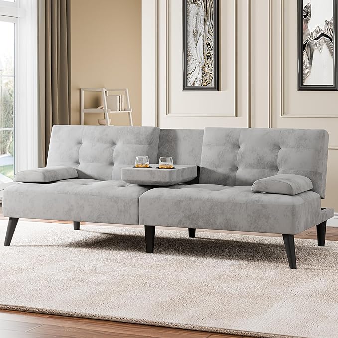 Meilocar 64 Futon Sofa Bed Convertible Loveseat with 2 Cup Holders Small Couch with 3 Adjustable Angles &amp Removable Armrest Modern Sleeper Sofa for Apartment Office 5.3 FT Light Grey