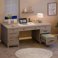 GAOMON 60in Wooden Executive Desk with 5 Drawers Office Desk Computer Table with Charging Station Farmhouse Home Office Desk with File Cabinet Storage for Study and Home Office Rustic Gray