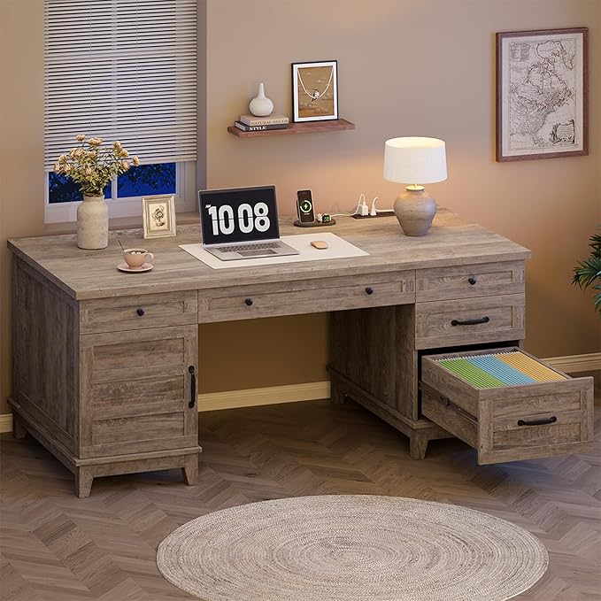 GAOMON 60in Wooden Executive Desk with 5 Drawers Office Desk Computer Table with Charging Station Farmhouse Home Office Desk with File Cabinet Storage for Study and Home Office Rustic Gray
