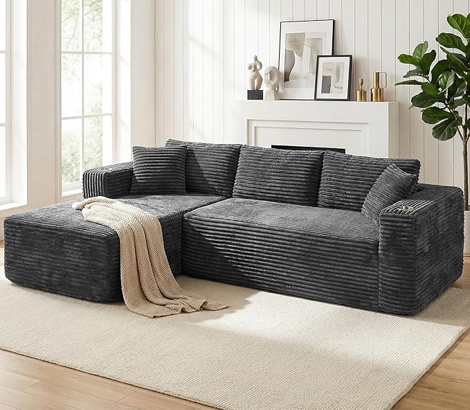 Vongrasig 103 Boneless Couches for Living RoomSectional Couches Modular Sofa with L-Shaped Chaise Memory Foam Comfy Cloud Couch with Plush Corduroy Fabric No Assembly Required Dark Grey