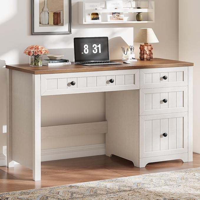 Farmhouse Executive Desk with File Drawer Home Office Desk with 4 Drawers Wood Computer Desk with Storage Rustic Office Desk for Work Study Writing Brown White