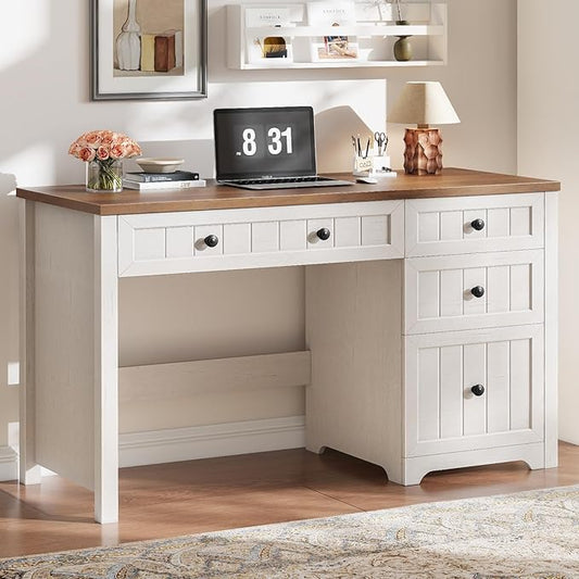 Farmhouse Executive Desk with File Drawer Home Office Desk with 4 Drawers Wood Computer Desk with Storage Rustic Office Desk for Work Study Writing Brown White
