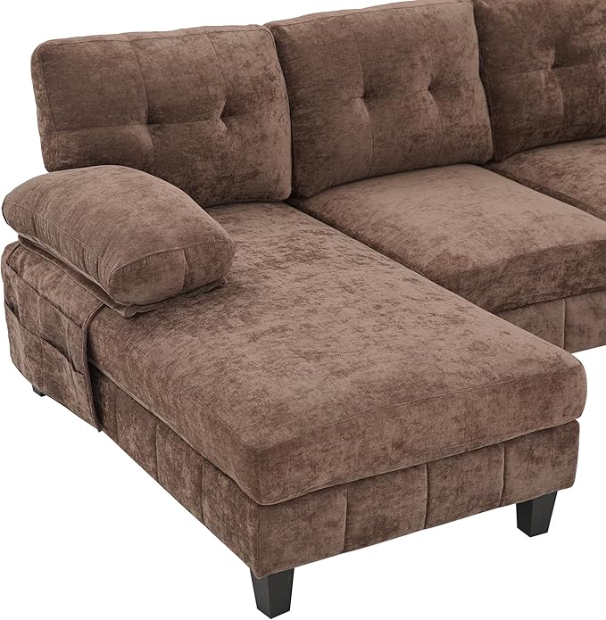 103.5 U-Shaped Sectional Sofa Modern Chenille Fabric Couch with Dual Chaise Lounges Side Storage Pockets and Armrest Pillows for Living Room (Brown//16)
