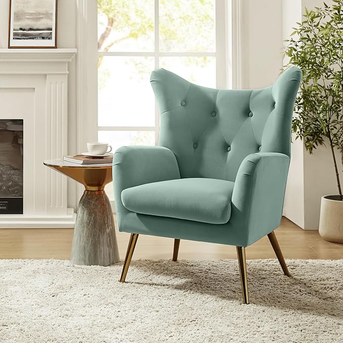 HULALA HOME Velvet Accent Chair Set of 2 Modern Wingback Arm Chair with Metal Gold Legs Velvet Tufted Upholstered Single Sofa(SAGE)