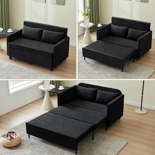QHITTY Pull Out Couch Bed 2-in-1 Sleeper Sofa Small Loveseat Bed with Hidden Side Table and Iron Frame for Living Room Small Space Apartment (Black)