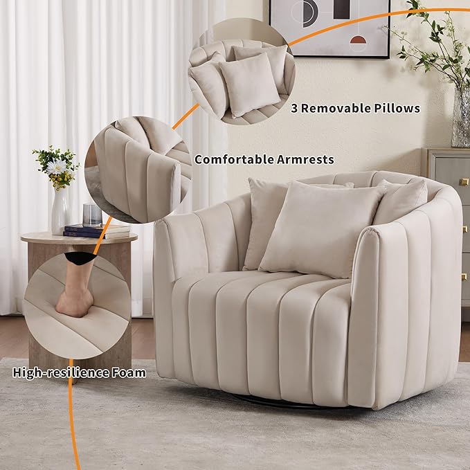 Mlmh &amp Kngwa 40.35 W Swivel Accent Chairs Oversized 360 Degree Swivel Barrel Chair with 3 Pillows Velvet Armchair for Living Room Bedroom Beige