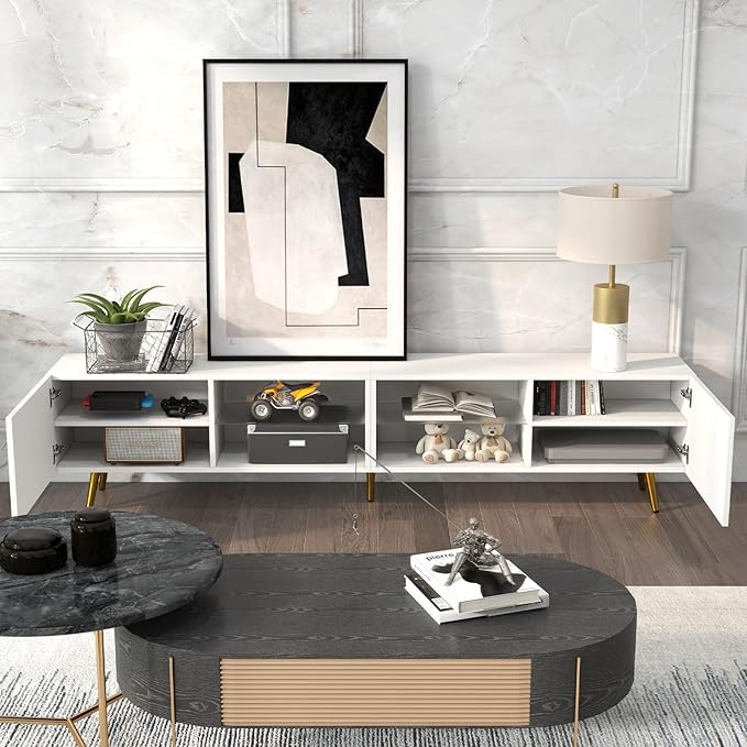 Bonzy Home 86 LED TV Stand Modern Entertainment Center up to 75 80 85 TV Television Console Table with Storage Cabinets for Living Room White