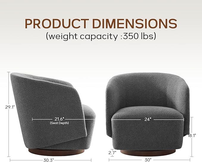 Boucle Swivel Accent Chair No Assembly Upholstered Armchair with Rubberwood Base 360° Rotating Barrel Chair for Living Room Bedroom Apartment &amp Reading Nook (1 Grey)