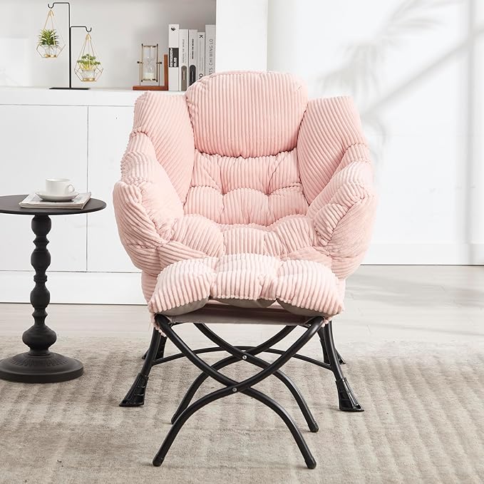 31.5 Lazy Chair1 OttomanLeisure Upholstered Sofa ChairModern Reading ChairLounge Accent Chair with Side Pocket for Small ApartmentLiving RoomBedroomOfficePink
