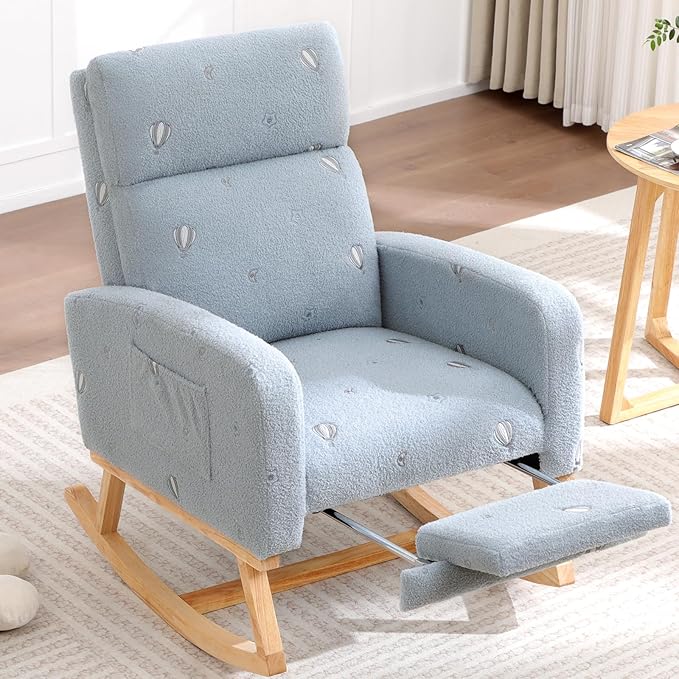 Rocking Chair Nursery with Foot Rest Nursing Rocking Chairs for Mom Breastfeeding Teddy Rocker Glider Chair with High Backrest for Living Room Bedroom Blue Printed